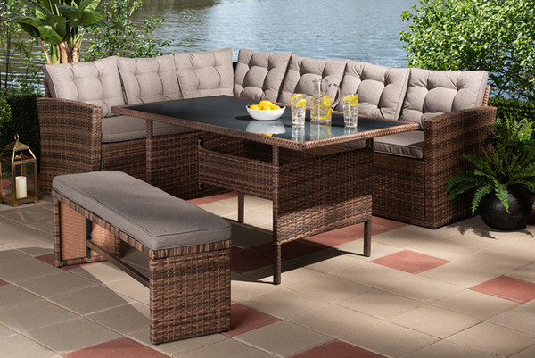 Angela Modern And Contemporary Grey Fabric Upholstered And Brown Finished 4-Piece Woven Rattan Outdoor Patio Set MLM-210339-Light Grey