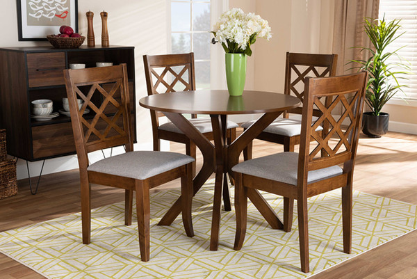 Jana Modern And Contemporary Grey Fabric Upholstered And Walnut Brown Finished Wood 5-Piece Dining Set Jana-Grey/Walnut-5PC Dining Set