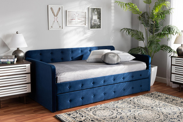 Jona Modern And Contemporary Transitional Navy Blue Velvet Fabric Upholstered And Button Tufted Twin Size Daybed With Trundle CF9183-Navy Blue-Daybed-T/T
