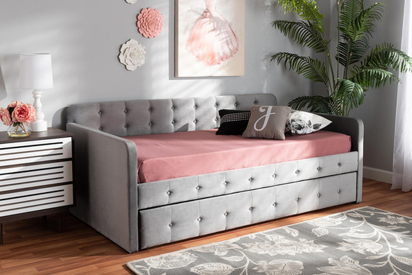 Jona Modern And Contemporary Transitional Grey Velvet Fabric Upholstered And Button Tufted Twin Size Daybed With Trundle CF9183-Grey-Daybed-T/T