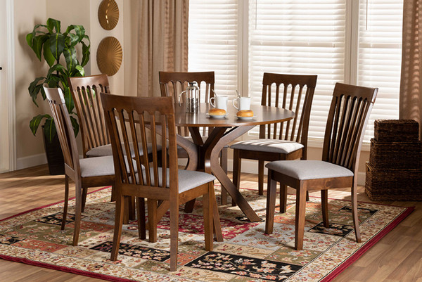 Lore Modern And Contemporary Grey Fabric Upholstered And Walnut Brown Finished Wood 7-Piece Dining Set Lore-Grey/Walnut-7PC Dining Set
