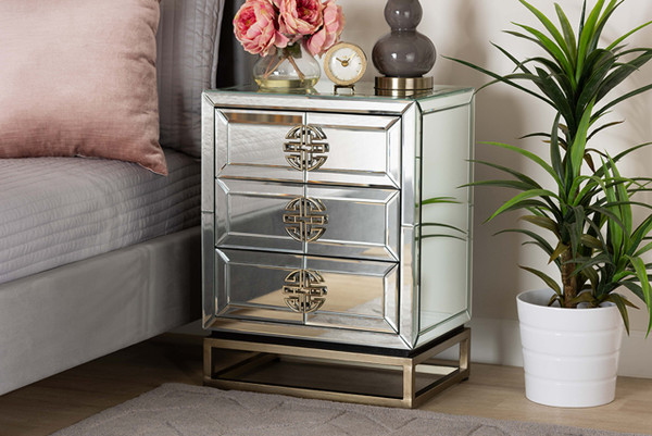 Laken Contemporary Glam And Luxe Mirrored And Antique Bronze Finished 3-Drawer Nightstand RXF-2222-NS
