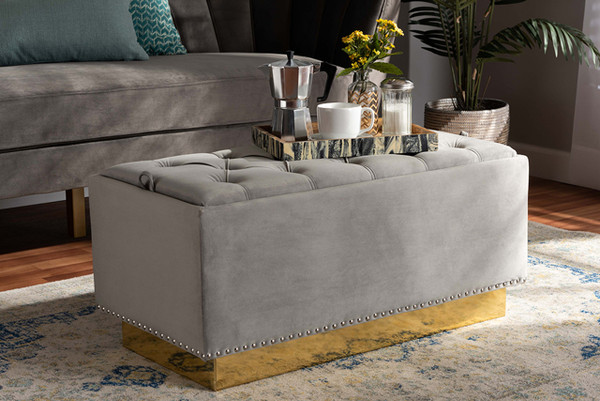 Powell Glam And Luxe Grey Velvet Fabric Upholstered And Gold Pu Leather Storage Ottoman WS-2019-Grey Velvet/Gold-Otto