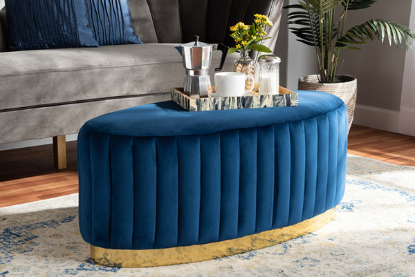 Kirana Glam And Luxe Navy Blue Velvet Fabric Upholstered And Gold Pu Leather Ottoman WS-20352-Navy Blue Velvet/Gold-Otto