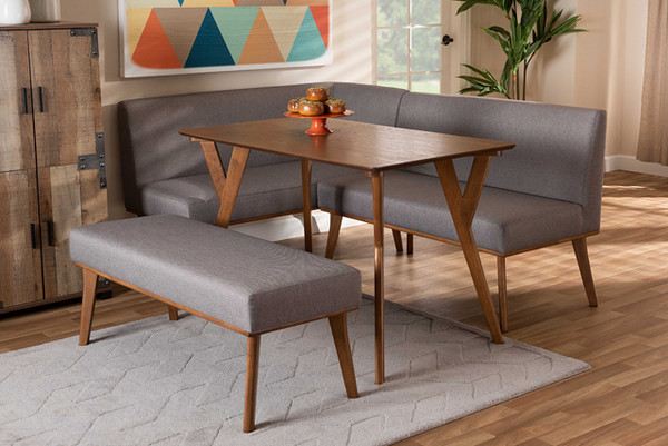 Odessa Mid-Century Modern Grey Fabric Upholstered And Walnut Brown Finished Wood 4-Piece Dining Nook Set BBT8054-Grey/Walnut-4PC Dining Nook Set