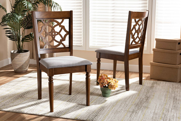 Renaud Modern And Contemporary Grey Fabric Upholstered And Walnut Brown Finished Wood 2-Piece Dining Chair Set RH332C-Grey/Walnut-DC-2PK