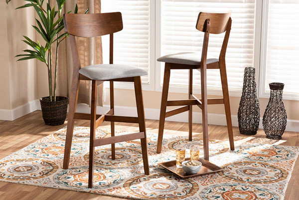 Cameron Modern And Contemporary Transitional Grey Fabric Upholstered And Walnut Brown Finished Wood 2-Piece Bar Stool Set Cozy-Grey/Walnut-BS
