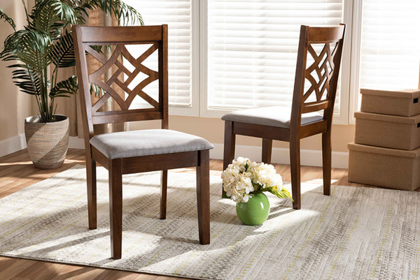 Nicolette Modern And Contemporary Grey Fabric Upholstered And Walnut Brown Finished Wood 2-Piece Dining Chair Set RH340C-Grey/Walnut-DC-2PK