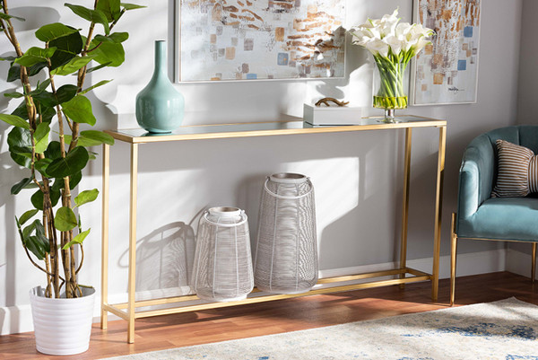 Alessa Modern And Contemporary Glam Gold Finished Metal And Mirrored Glass Console Table JY20A254-Gold-Console