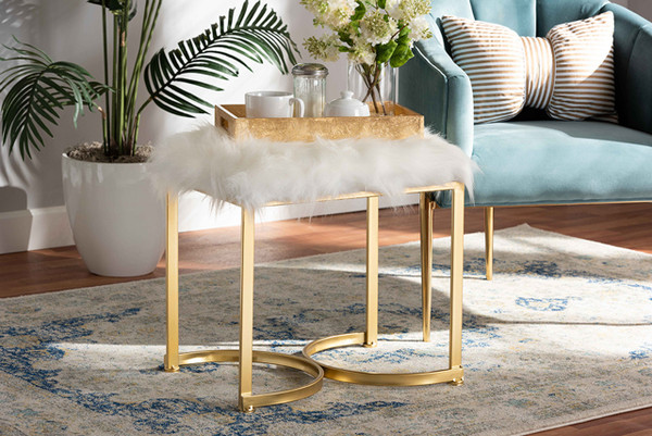 Gwyn Glam And Luxe White Faux Fur Upholstered And Gold Finished Metal Ottoman JY20A255-White/Gold-Otto