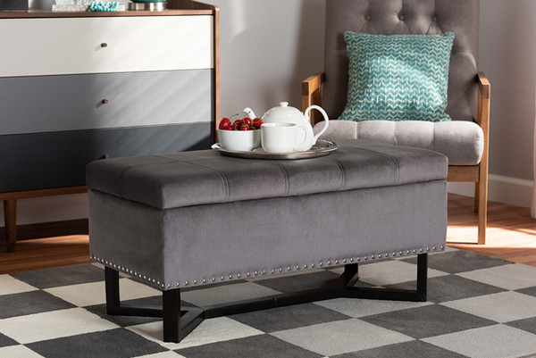 Esther Modern And Contemporary Grey Velvet Fabric Upholstered And Dark Brown Finished Wood Storage Ottoman WS-20716-Grey/Espresso-Otto