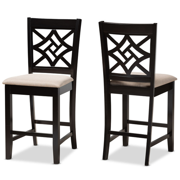 Nicolette Modern And Contemporary Sand Fabric Upholstered And Dark Brown Finished Wood 2-Piece Counter Stool Set RH340P-Sand/Dark Brown-PC