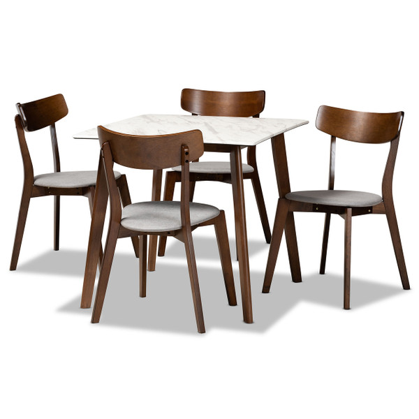 Reba Mid-Century Modern Light Grey Fabric Upholstered And Walnut Brown Finished Wood 5-Piece Dining Set With Faux Marble Dining Table Reba-Smoke/Walnut-5PC Dining Set