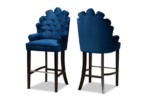 Chloe Modern And Contemporary Navy Blue Velvet Upholstered And Dark Brown Finished Wood 2-Piece Bar Stool Set BBT5408B-Navy Blue Velvet/Wenge-BS