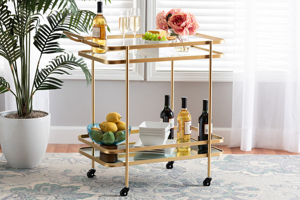 Destin Modern And Contemporary Glam Brushed Gold Finished Metal And Mirrored Glass 2-Tier Mobile Wine Bar Cart JY20A263-Gold-Cart