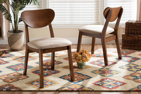 Damara Mid-Century Modern Sand Fabric Upholstered And Walnut Brown Finished Wood 2-Piece Dining Chair Set RH367C-Sand/Walnut Flat Seat-DC-2PK