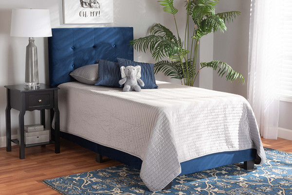 Caprice Modern And Contemporary Glam Navy Blue Velvet Fabric Upholstered Twin Size Panel Bed CF9210B-Navy Blue Velvet-Twin