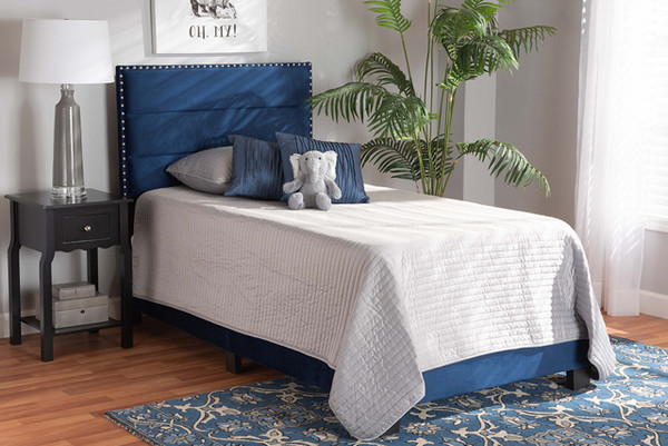 Tamira Modern And Contemporary Glam Navy Blue Velvet Fabric Upholstered Twin Size Panel Bed CF9210E-Navy Blue Velvet-Twin