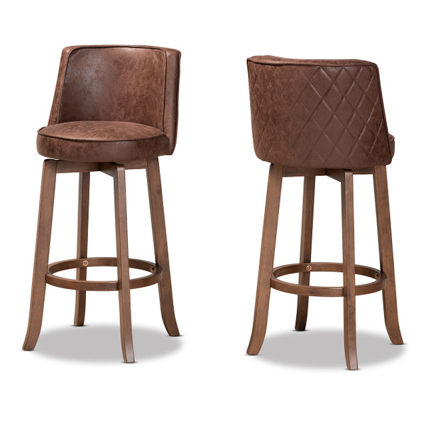 Adams Modern Transitional Distressed Brown Fabric Upholstered And Walnut Brown Finished Wood 2-Piece Bar Stool Set RDC782SW-Brown/Walnut-BS-2PC Set