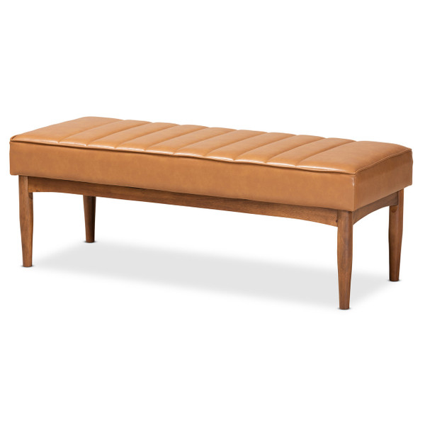Daymond Mid-Century Modern Tan Faux Leather Upholstered And Walnut Brown Finished Wood Dining Bench BBT8051.12-Tan/Walnut-Bench