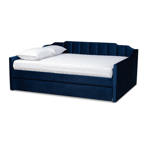 Lennon Modern And Contemporary Navy Blue Velvet Fabric Upholstered Queen Size Daybed With Trundle CF9172-Navy Blue Velvet-Daybed-Q/T