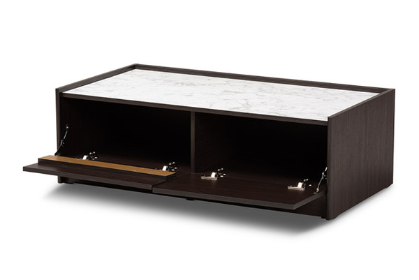 Walker Modern And Contemporary Dark Brown And Gold Finished Wood Coffee Table With Faux Marble Top LV25CFT2514-Modi Wenge/Marble-CT