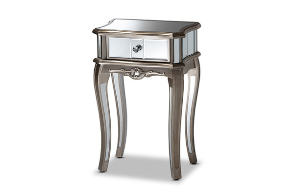 Elgin Contemporary Glam And Luxe Brushed Silver Finished Wood And Mirrored Glass 1-Drawer Nightstand JY13008-Silver-NS
