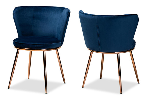 Farah Modern Luxe And Glam Navy Blue Velvet Fabric Upholstered And Rose Gold Finished Metal 2-Piece Dining Chair Set 20A25-Navy Blue/Rose Gold-DC