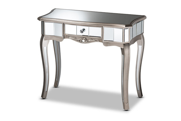 Elgin Contemporary Glam And Luxe Brushed Silver Finished Wood And Mirrored Glass 1-Drawer Console Table JY13010-Silver-Console