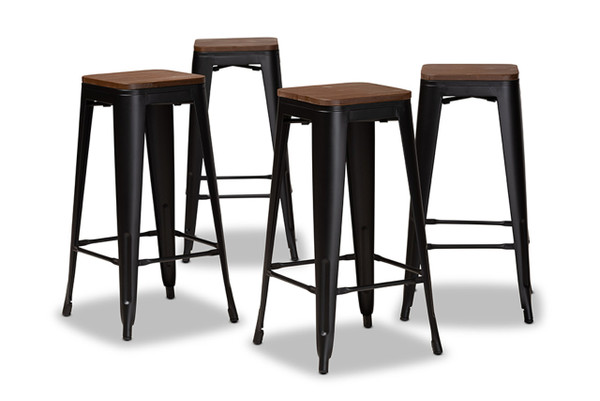 Horton Modern And Contemporary Black Metal And Walnut Brown Finished Wood 4-Piece Bar Stool Set AY-MC08-Black Matte-BS