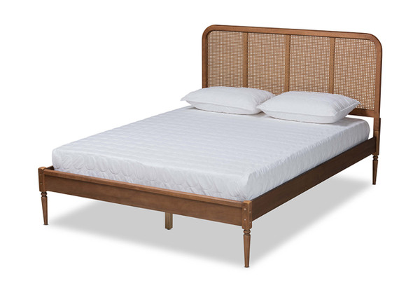 Elston Mid-Century Modern Walnut Brown Finished Wood And Synthetic Rattan King Size Platform Bed MG0056-Rattan/Walnut-King