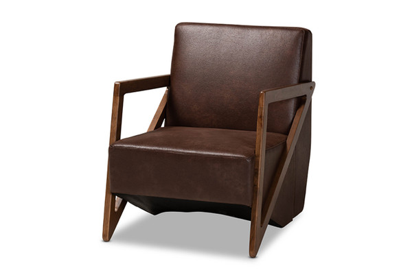 Christa Mid-Century Modern Transitional Dark Brown Faux Leather Effect Fabric Upholstered and Walnut Brown Finished Wood Accent Chair WM5020-Dark Brown/Walnut-CC