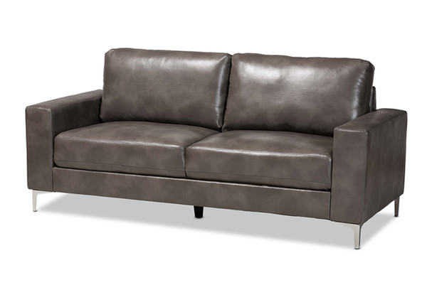 Rayan Modern and Contemporary Grey Faux Leather Upholstered Silver Finished Metal Loveseat 9449G-Grey-LS