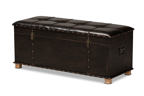 Janna Rustic Transitional Dark Brown Faux Leather Upholstered and Oak Brown Finished Wood Storage Ottoman JY20B055L-Dark Brown-Large Otto