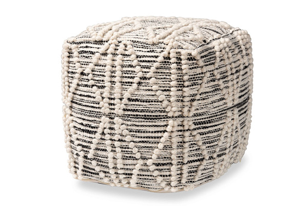 Sentir Modern and Contemporary Moroccan Inspired Ivory and Black Handwoven Wool Blend Pouf Ottoman Sentir-Ivory/Black-Pouf