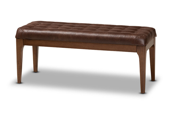 Walsh Mid-Century Modern Dark Brown Faux Leather Upholstered and Walnut Brown Finished Wood Dining Bench WM5030-Dark Brown/Walnut