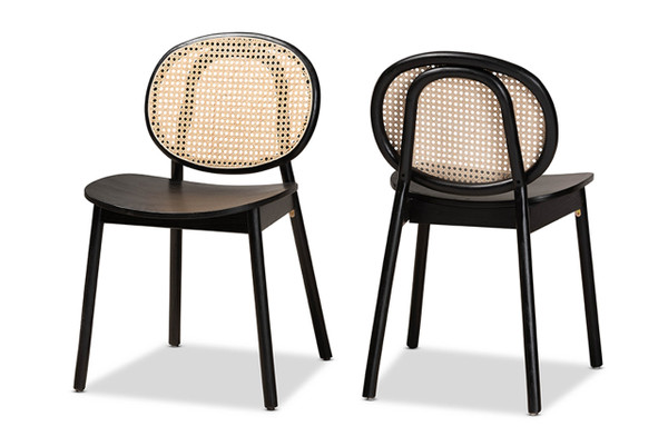 Halen Mid-Century Modern Brown Woven Rattan and Black Wood Finished 2-Piece Cane Dining Chair Set C16-Black-Beechwood/Rattan-DC
