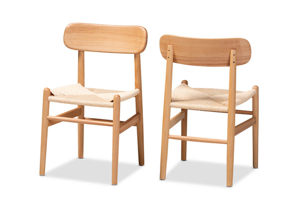 Raheem Mid-Century Modern Brown Hemp and Wood 2-Piece Dining Chair Set FC12-Natural Wood-Beechwood/Kraft Twisting-DC