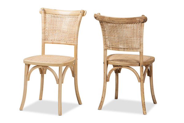 Fields Mid-Century Modern Brown Woven Rattan and Wood 2-Piece Cane Dining Chair Set FC29-Natural Wood-Toona wood/Rattan-DC