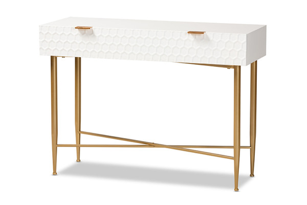 Galia Modern and Contemporary White Finished Wood and Gold Metal 1-Drawer Console Table JY20B124-White/Gold-Console