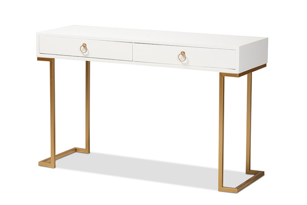 Beagan Modern and Contemporary White Finished Wood and Gold Metal 2-Drawer Console Table JY20B168-White/Gold