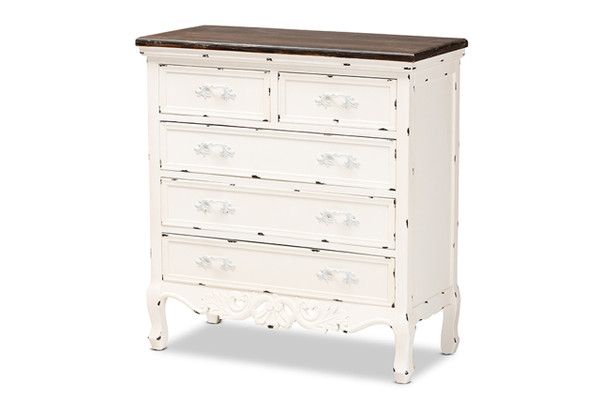 Levron Classic and Traditional Two-Tone Walnut Brown and Antique White Finished Wood 5-Drawer Storage Cabinet JY20B089-Antique White-5DW-Cabinet