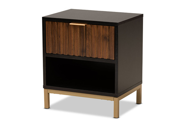 Uriel Mid-Century Modern Transitional Two-Tone Natural Brown and Black Finished Wood and Brushed Gold Metal 1-Drawer Nightstand PAL-007-Natural/Gold/Black