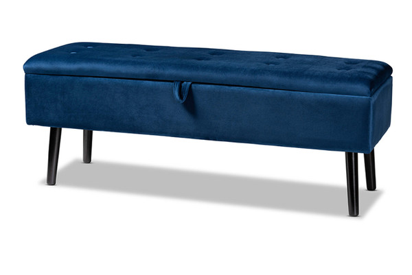 Caine Modern and Contemporary Navy Blue Velvet Fabric Upholstered and Dark Brown Finished Wood Storage Bench FZD020108-Navy Blue Velvet-Bench