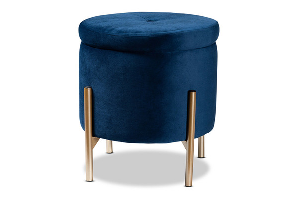 Malina Contemporary Glam and Luxe Navy Blue Velvet Fabric Upholstered and Gold Finished Metal Storage Ottoman FZD200335-Navy Blue Velvet-Ottoman