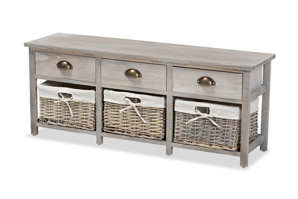 Mabyn Modern and Contemporary Light Grey Finished Wood 3-Drawer Storage Bench with Baskets FZC200361-Light Grey-Bench