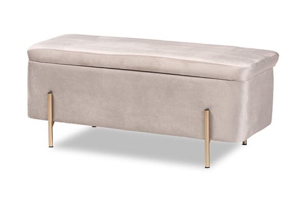 Rockwell Contemporary Glam and Luxe Grey Velvet Fabric Upholstered and Gold Finished Metal Storage Bench FZD0223-Grey Velvet-Bench