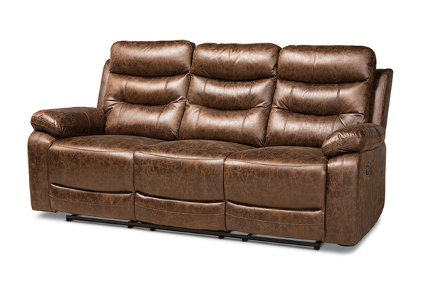 Beasely Modern and Contemporary Distressed Brown Faux Leather Upholstered 3-Seater Reclining Sofa RR5227-Dark Brown-Sofa