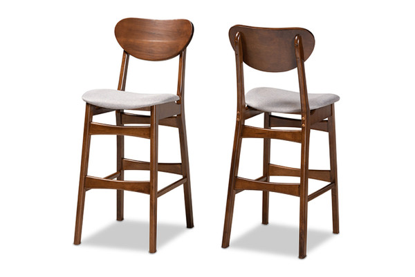 Katya Mid-Century Modern Grey Fabric Upholstered and Walnut Brown Finished Wood 2-Piece Bar Stool Set RH378BP-Grey/Walnut Bent Seat-BS-2PK