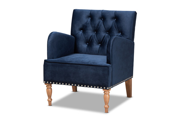 Eri Contemporary Glam and Luxe Navy Blue Velvet Upholstered and Walnut Brown Finished Wood Armchair RAC516-AC-Navy Blue Velvet/Walnut-CC